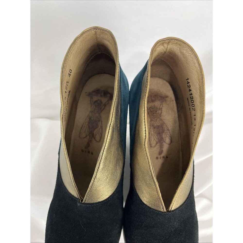 Fly London Teal, Black & Metallic Gold Suede Wedge Booties - Picture 6 of 11